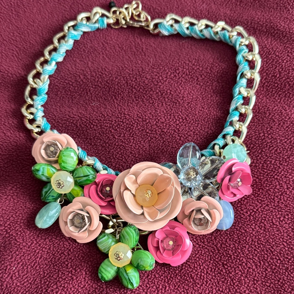 Floral Statement Necklace with Pink and Green Accents